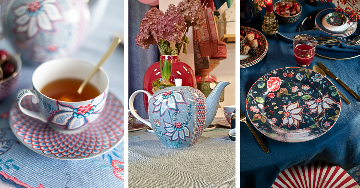Pip Studio FLower Festival hrnek na cappuccino a konvice na čaj v modré barvě na modrém ubrusu s velkými květy , Berry Blues talíř tricet dva centimetru v průměru tmavě modrá barva s barevnými květy,